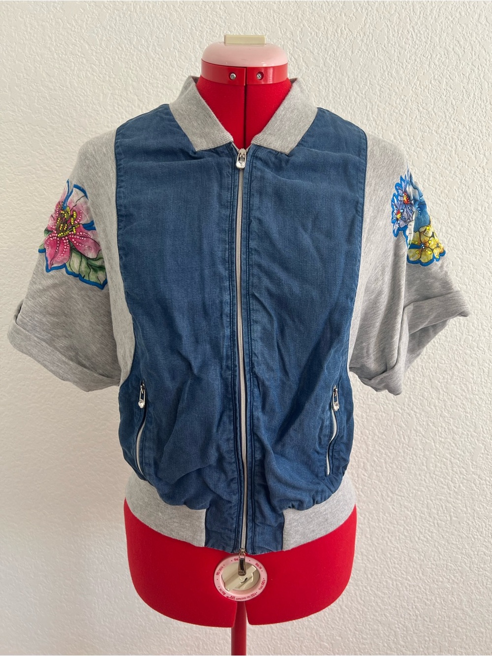 VDP Club Via Delle Perle Short Sleeve Zip Up Jacket Blue Gray Small